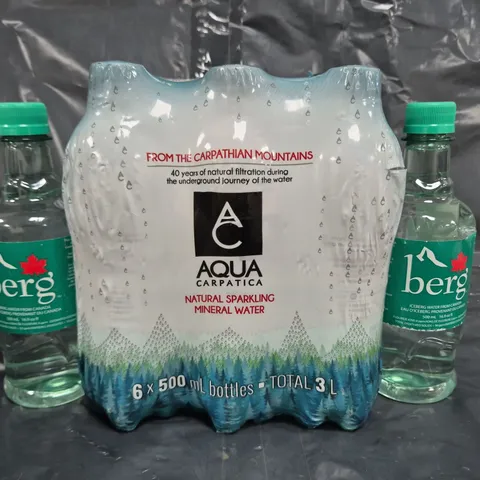 4 ASSORTED FOOD ITEMS TO INCLUDE BERG BOTTLED WATER, AND AQUA MINERAL WATER MULTIPACK
