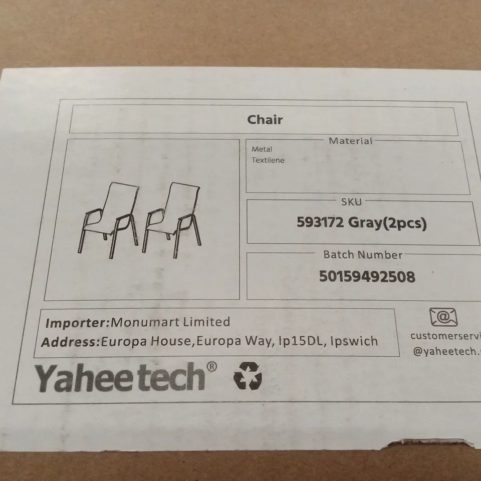 BOXED SET OF 2 YAHEETECH GARDEN CHAIRS - GREY (1 BOX)
