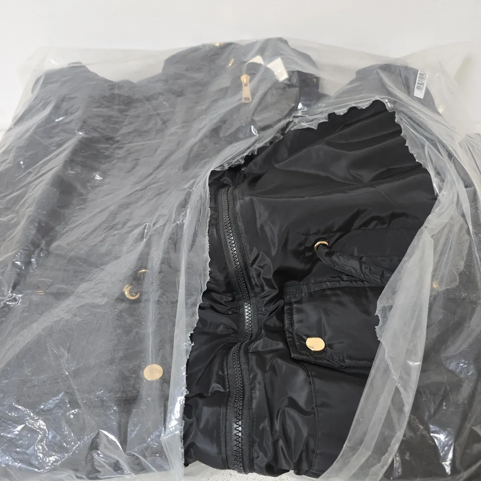 CHARLOTTE WEST PUFFER COAT WITH GOLD BUTTON DETAIL, BLACK - SIZE 14
