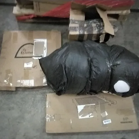 PALLET OF ASSORTED ITEMS INCLUDING WOLFWISE POPUP TENT, EXPANDABLE SHELVES WARDROBE, TURNOUT RUG NO NECK COVER
