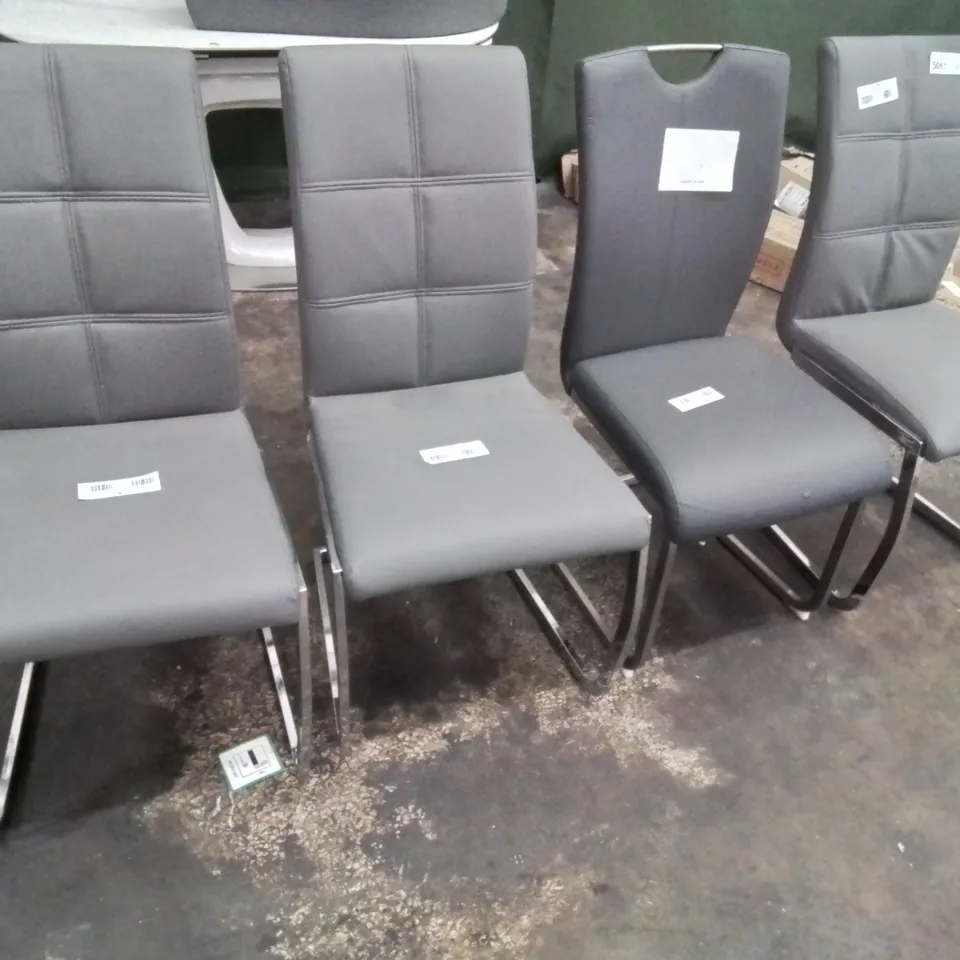 FOUR DESIGNER CHROME FRAMED UPHOLSTERED DINING CHAIRS GREY PU (3 & 1)