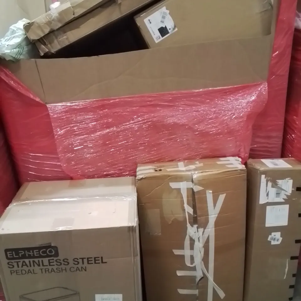 PALLET OF ASSORTED HOUSEHOLD GOODS AND PRODUCTS TO INCLUDE;STAINLESS STEEL PEDAL TRASH CAN,CLOSET,CLOTHES AIRER