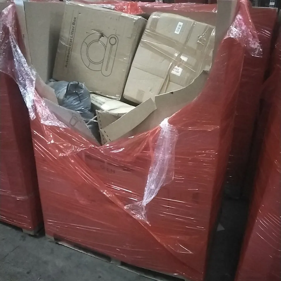 PALLET OF ASSORTED HOUSEHOLD GOODS AND PRODUCTS TO INCLUDE; TOWER AIR COOLER, CAT LITTER BOX, CAMPING COT WITH MATTRESS ETC