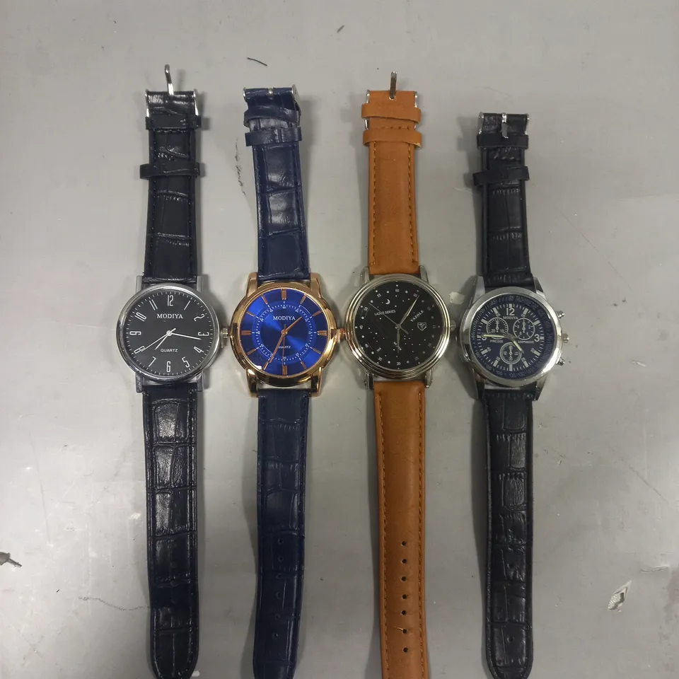 FOUR ASSORTED WATCHES IN VARIOUS STYLES TO INCLUDE MODIYA, AND YAZOLE