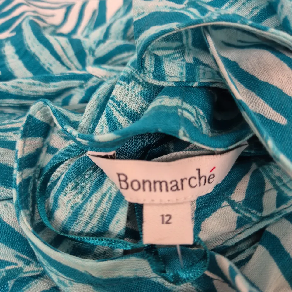 BONMARCHÉ WOMEN’S DRESS – TURQUOISE TROPICAL LEAF PRINT, UK 12