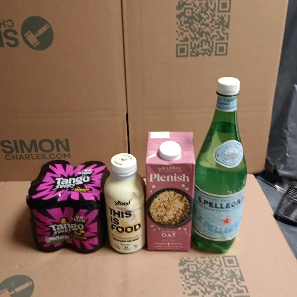 TOTE OF APPROXIMATELY 12 DRINKS ITEMS TO INCLUDE TANGO SOURS - S PELLEGRINO MINERAL WATER AND PLENISH OAT MILK