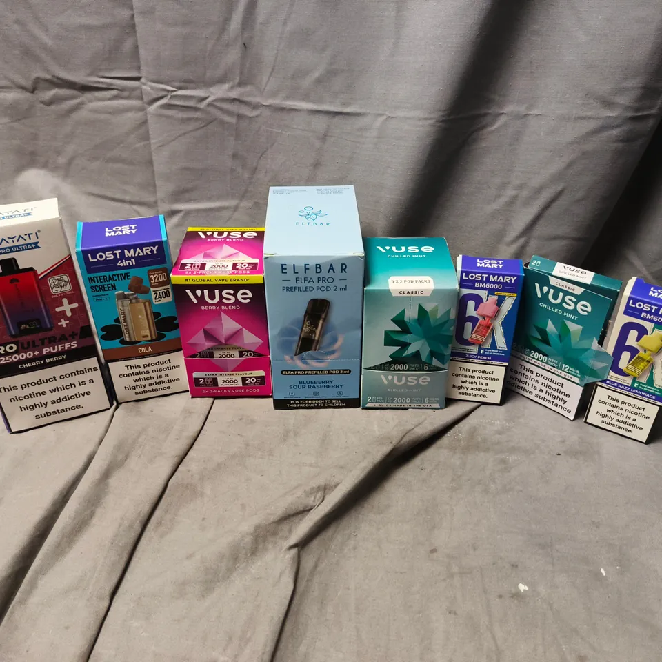 APPROXIMATELY 20 ASSORTED E-CIGARETTE PRODUCTS TO INCLUDE BRANDS SUCH AS LOST MARY, VUSE, HAYATI, ETC - COLLECTION ONLY
