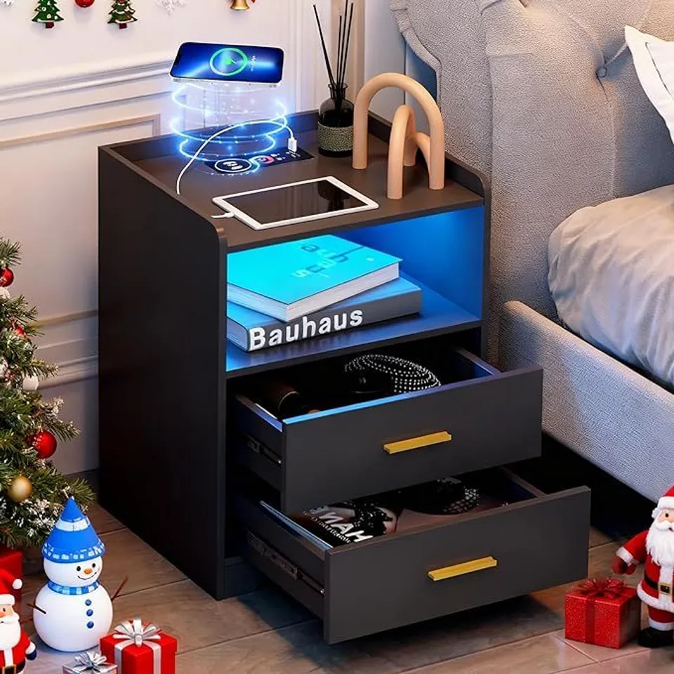 BOXED DNBSS LED NIGHTSTAND WITH CHARGING STATION - BLACK (1 BOX)