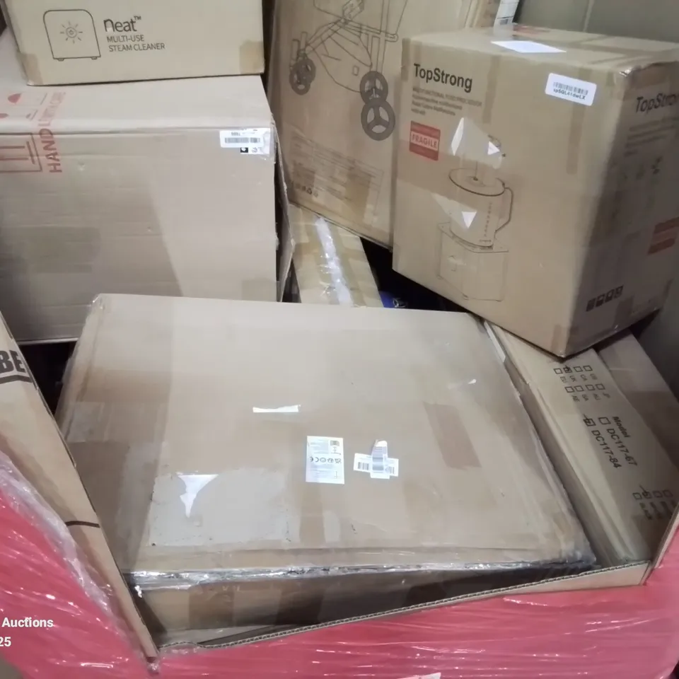 PALLET CONTAINING VARIOUS ASSORTED PRODUCTS INCLUDING: X2 STEAM CLEANERS, PUSHCHAIR/PRAM, MULTIFUNCTIONAL FOOD PROCESSOR, POTS AND PANS SET AND LOTS MORE UNMARKED BOXED ITEMS 