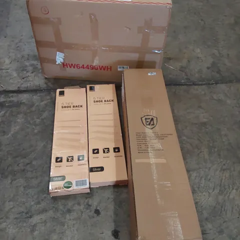 PALLET CONTAINING VARIOUS ASSORTED BOXED HOUSEHOLD ITEMS TO INCLUDE: EXERCISE MACHINE, HEPLIN SHOE RACKS, BOXED FURNITURE ETC