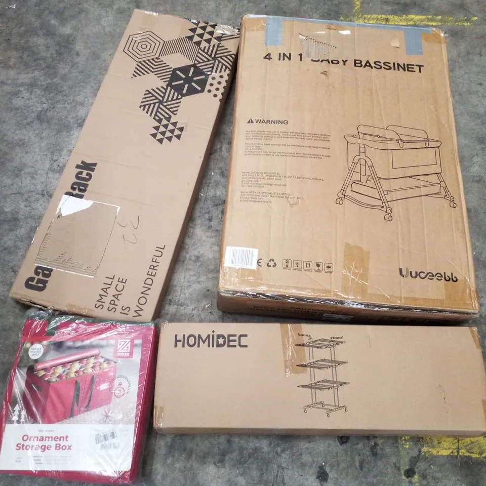 PALLET CONTAINING ASSORTED PRODUCTS INCLUDING 4 IN 1 BABY BASSINET, HOMIDEC CLOTHES AIRER, ORNAMENT STORAGE BOX & GARMENT RACK 