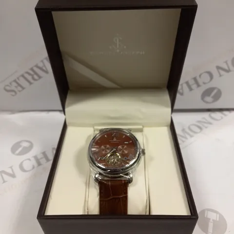 BOXED SAMUEL JOSEPH AUTOMATIC STEEL BROWN WATCH WITH LEATHER STRAP