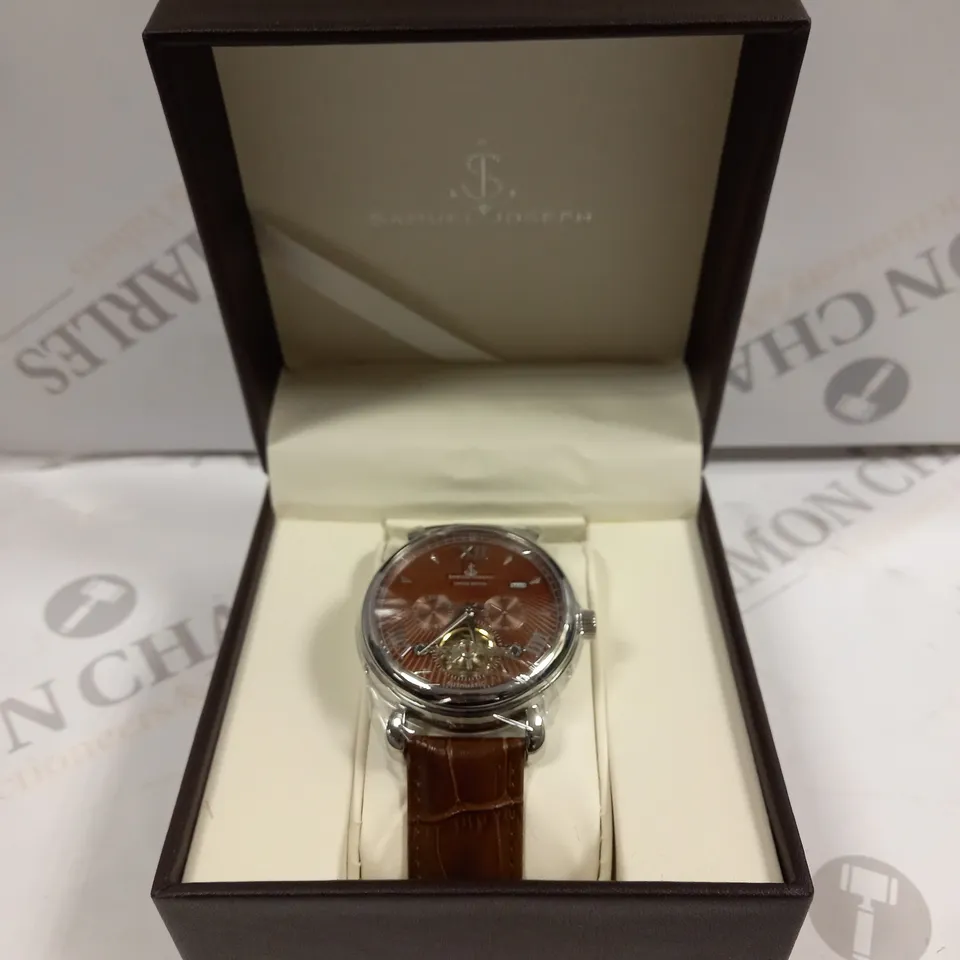 BOXED SAMUEL JOSEPH AUTOMATIC STEEL BROWN WATCH WITH LEATHER STRAP