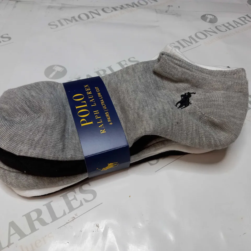 POLO RALPH LAUREN 6 PAIRS OF ULTRA LOW CUT ANKLE SOCKS (2 WHITE, 2 GREY, 2 BLACK)
