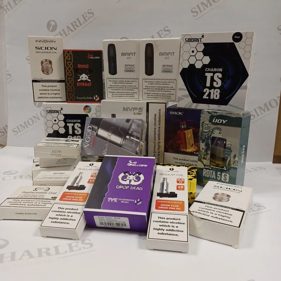 APPROXIMATELY 20 ASSORTED VAPING PRODUCTS AND ACCESSORIES TO INCLUDE INNOKIN SCION REPLACEMENT COIL, JUSTFOG MINIFIT KIT, SMOANT CHARON TS 218, ASVAPE MICRO VAPE KIT, ETC;
