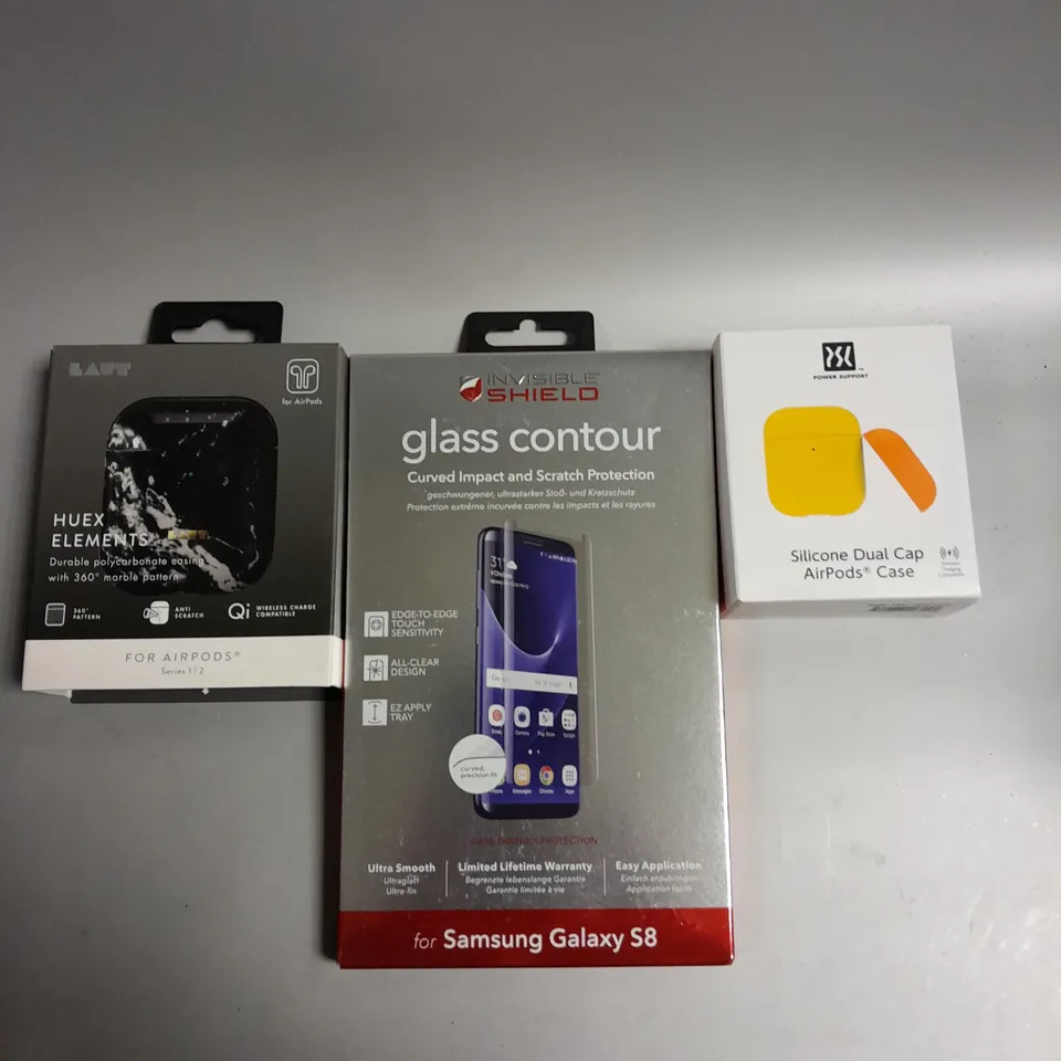 APPROXIMATELY 60 ASSORTED ELECTRICAL PRODUCTS TO INCLUDE POWER SUPPORT AIRPOD SILICON CASE, INVISIBLE SHIELD GLASS CONTOUR & LAUT HUEX ELEMENTS AIRPODS CASE ETC 