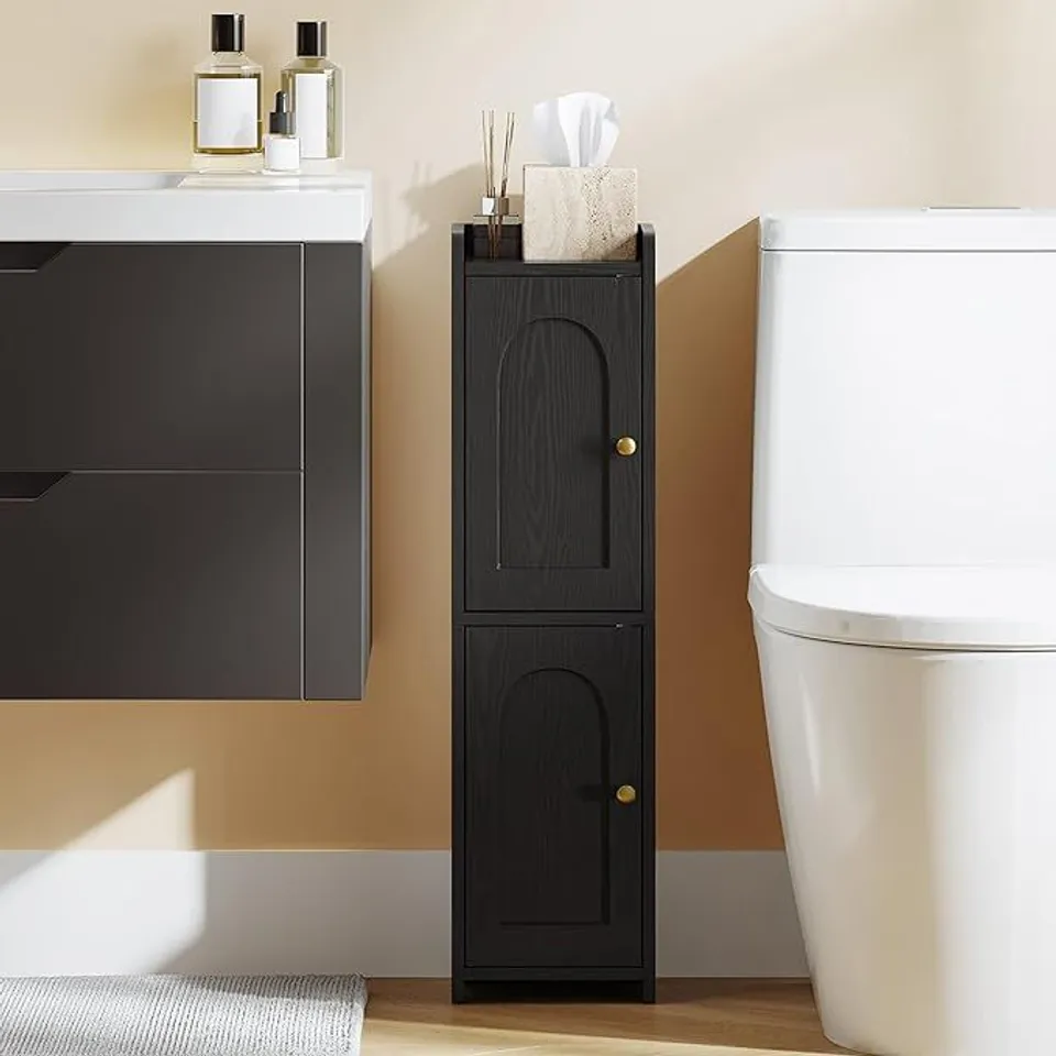 BOXED SLIM BATHROOM FLOOR CABINETS WITH DOOR AND ADJUSTABLE SHELF - BLACK