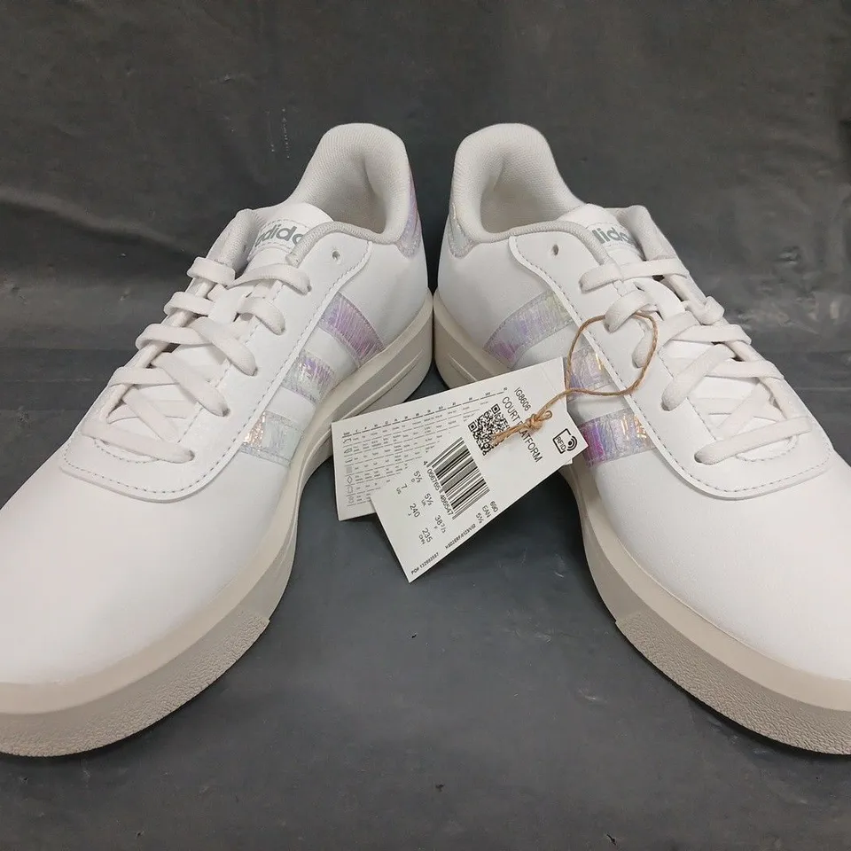 BOXED PAIR OF ADIDAS COURT PLATFORM SHOES IN WHITE/PRISMATIC SIZE UK 5.5