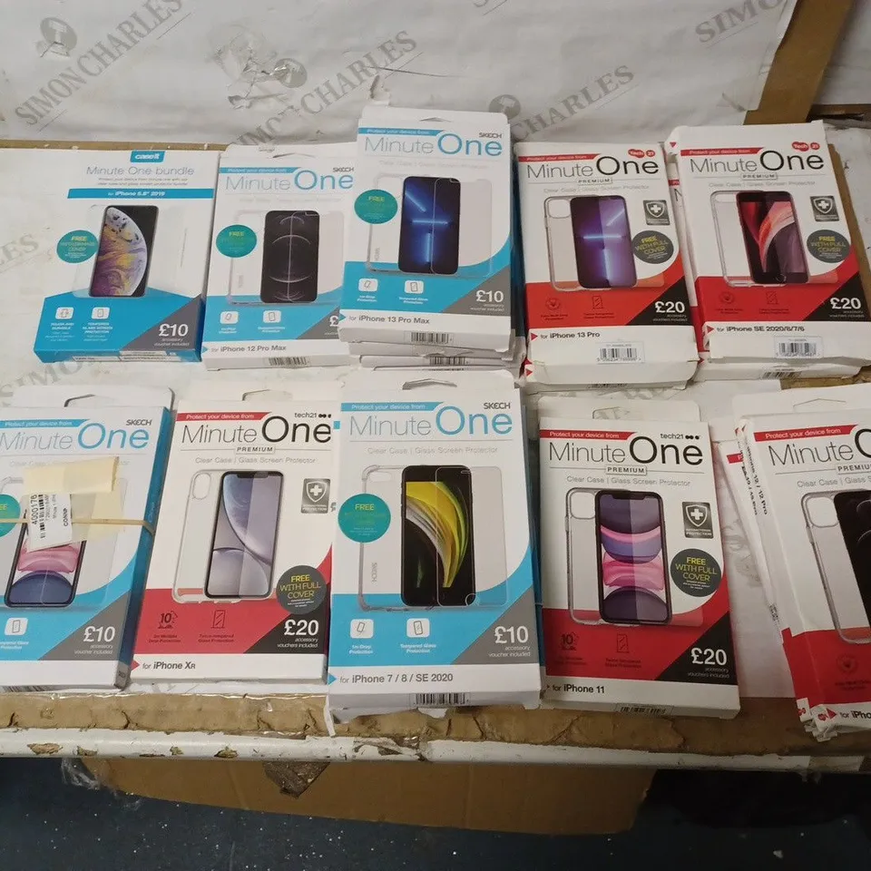 LOT OF 20 ASSORTED MINUTE ONE PREMIUM AND STANDARD CLEAR CASE & SCREEN PROTECTOR KITS FOR VARIOUS IPHONE MODELS