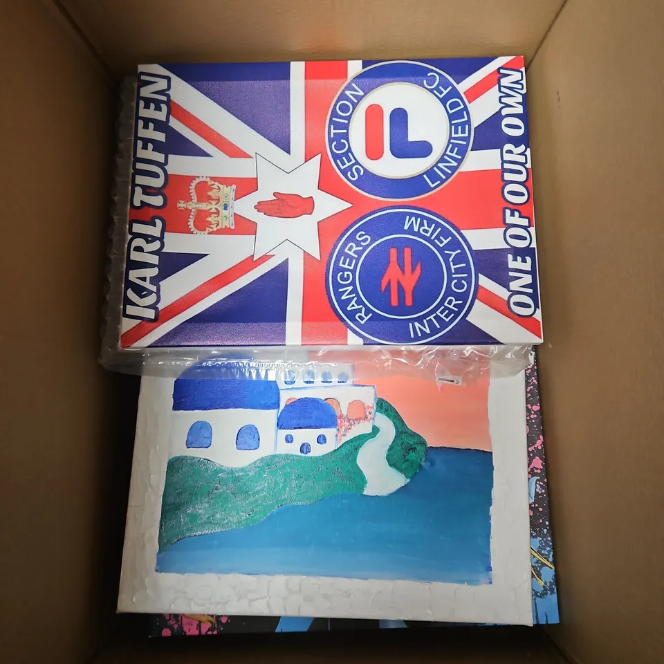 BOX OF APPROX 12 ASSORTED CANVAS PAINTINGS/PRINTS