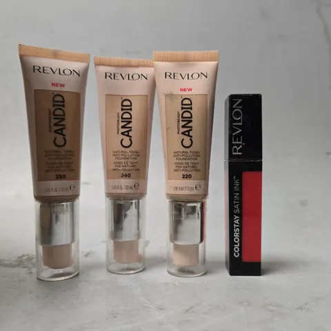 BOX OF APPROXIMATELY 40 ASSORTED ITEMS TO INCLUDE  - REVLON CANDID NATURAL FINISH FOUNDATION 240 , REVLON COLOUR STAY SATIN INK 015 FIRE & ICE , REVLON CANDID NATURAL FINISH FOUNDATION 350