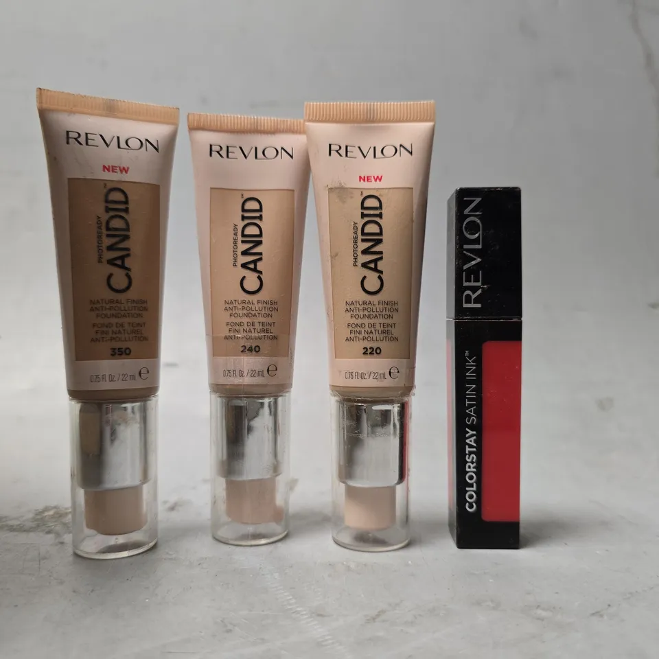 BOX OF APPROXIMATELY 40 ASSORTED ITEMS TO INCLUDE  - REVLON CANDID NATURAL FINISH FOUNDATION 240 , REVLON COLOUR STAY SATIN INK 015 FIRE & ICE , REVLON CANDID NATURAL FINISH FOUNDATION 350