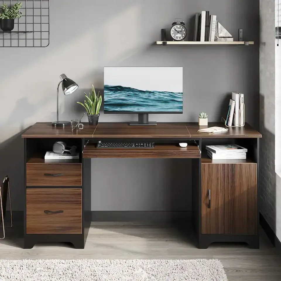 BOXED BESTIER - 59INCH EXECUTIVE DESK WITH FILE DRAWER STORAGE DRAWERS AND CABINET COMPUTER DESK - CHERRY