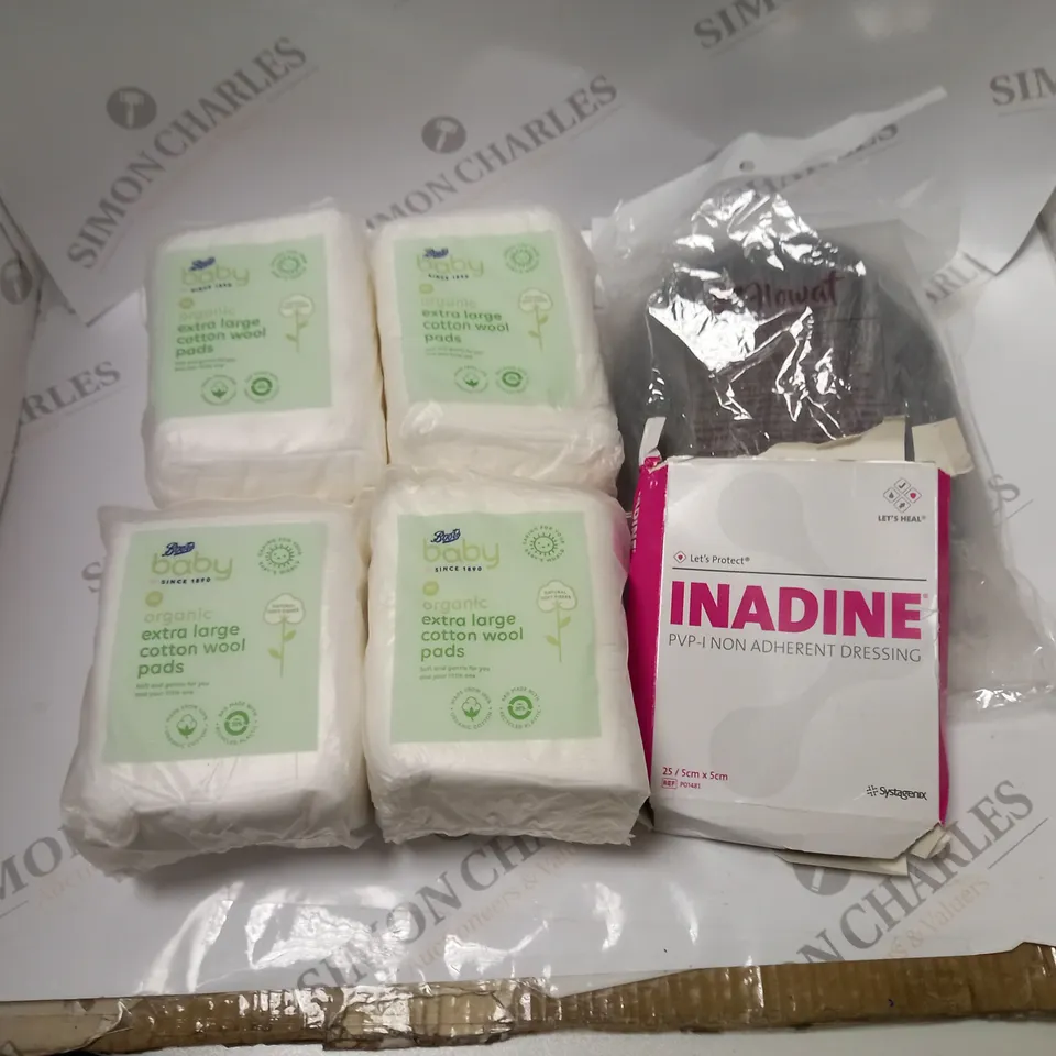 BOX OF ASSORTED COSMETIC PRODUCTS, TO INCLUDE COTTON WOOL PADS, NON ADHERENT DRESSING, ETC