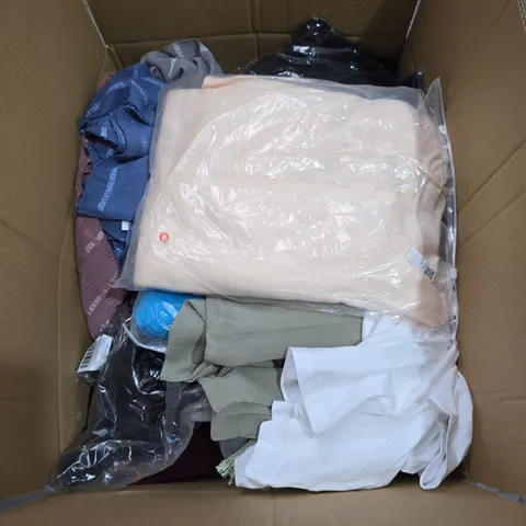 BOX OF APPROXIMATELY 25 ITEMS OF ASSORTED CLOTHING IN VARIOUS STYES , SIZES AND COLOURS 