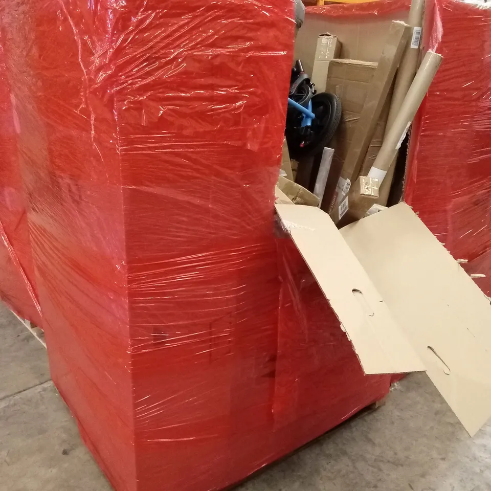 PALLET OF ASSORTED HOUSEHOLD GOODS AND PRODUCTS TO INCLUDE; RETRACTABLE GATE. CEILING FAN WITH LIGHT ETC