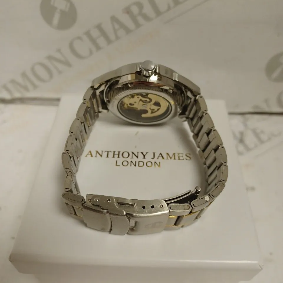 BOXED ANTHONY JAMES CHRONO SPORTS WATCH - AUTOMATIC - SKELETON FACE - STAINLESS STEEL - WATER RESISTANT. 