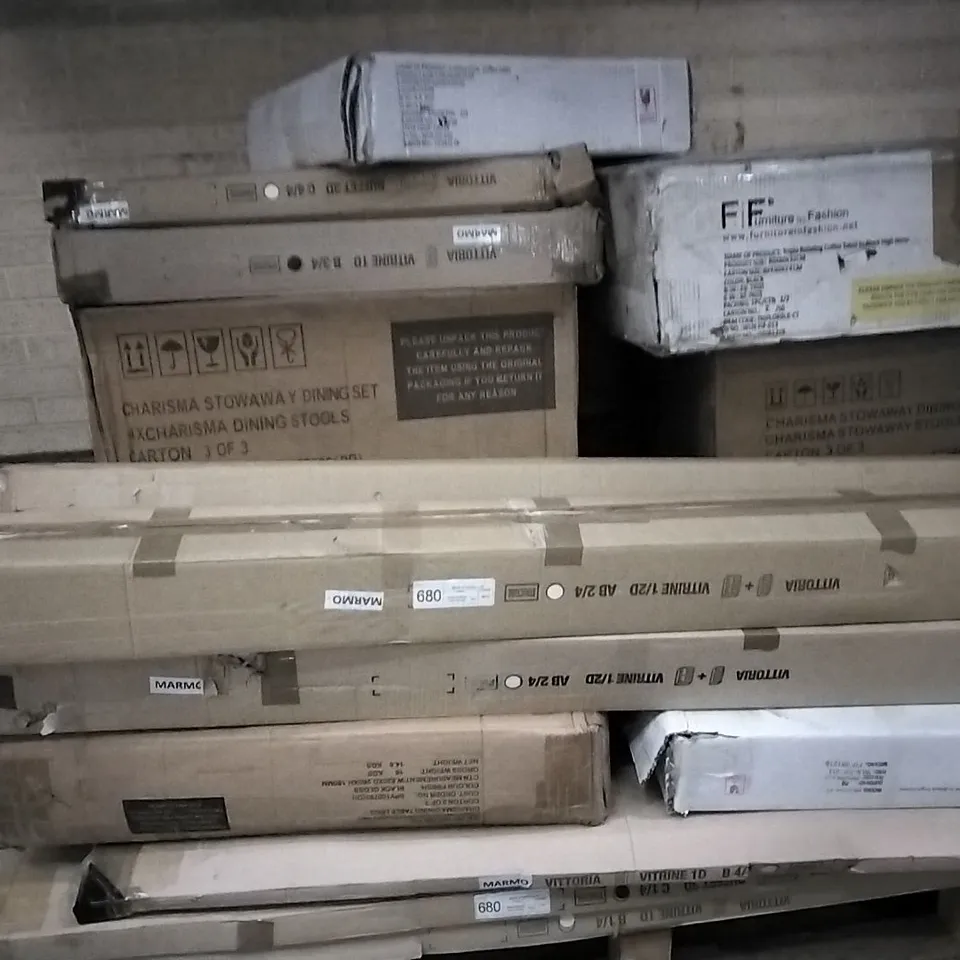 PALLET CONTAINING ASSORTED BOXED FURNITURE SUCH AS DINING SET , COFFEE TABLE , VITRINE CABINET 