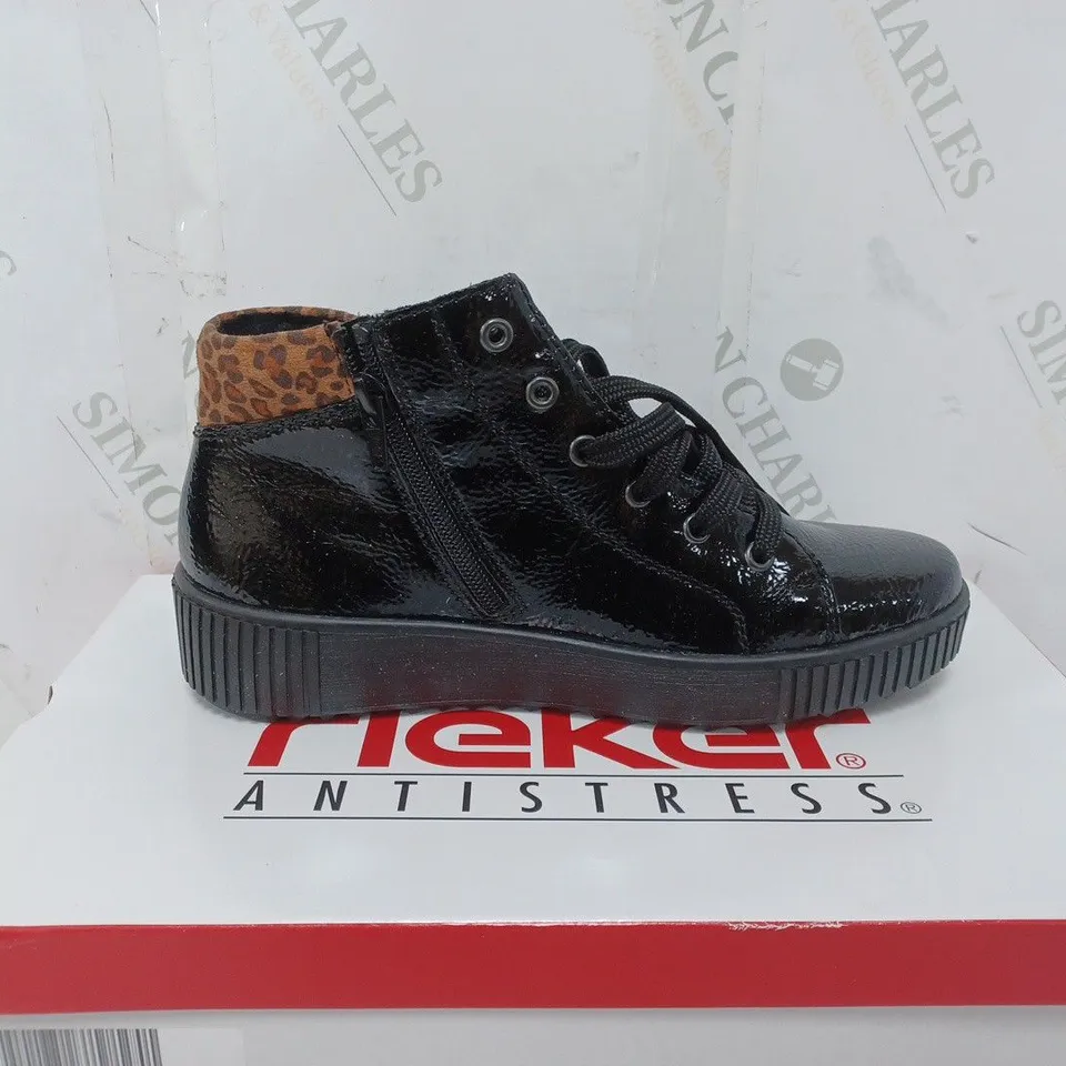 BOXED PAIR OF RIEKER HIGH TOP LEOPARD CUFF TRAINERS BLACK SIZE 5