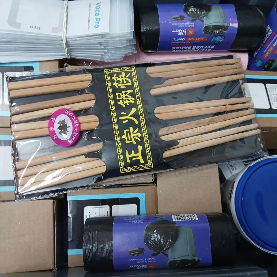 APPROXIMATELY 15 ASSORTED HOUSEHOLD ITEMS TO INCLUDE BIN BAGS, REPAIR WASHERS, CHOPSTICKS, ETC