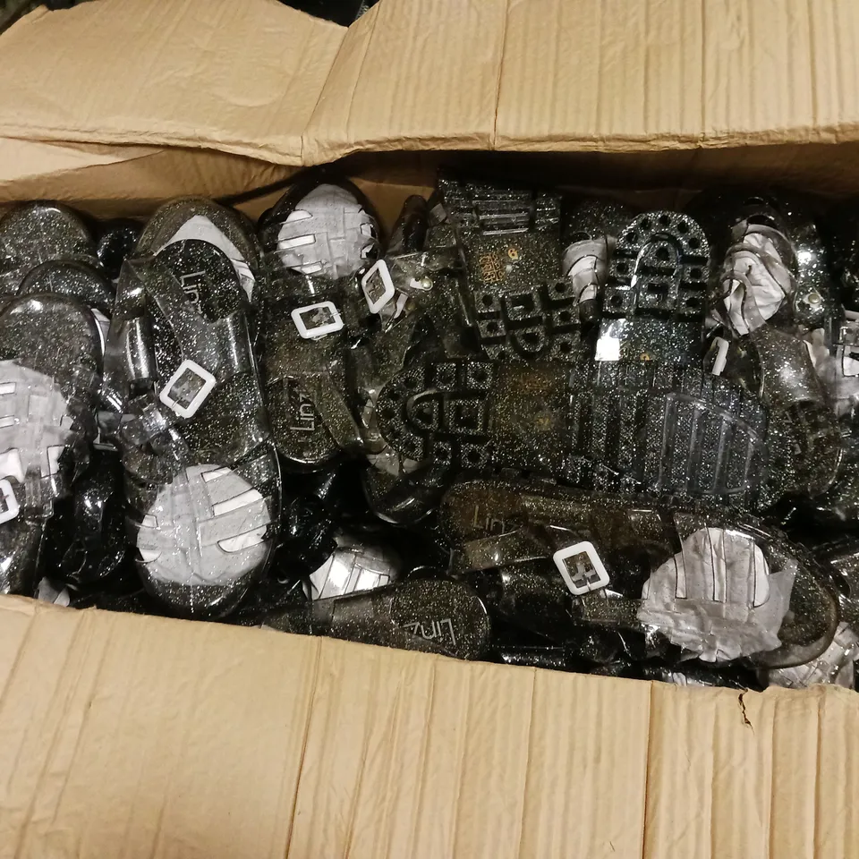 LARGE QUANTITY OF ASSORTED LINZI CLEAR GLITTER  PLASTIC SANDALS - VARIOUS SIZES
