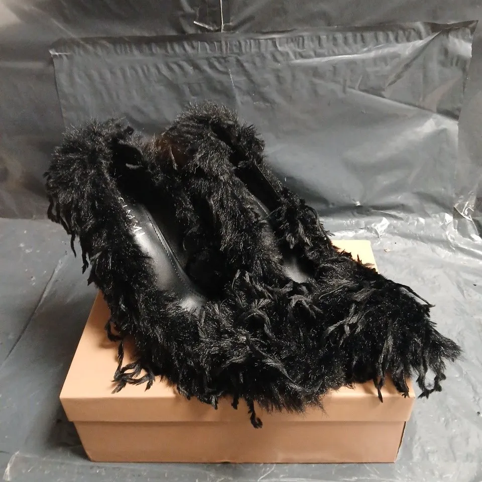 SIMMI LONDON BLACK FEATHER-TRIM HEELS UK 7