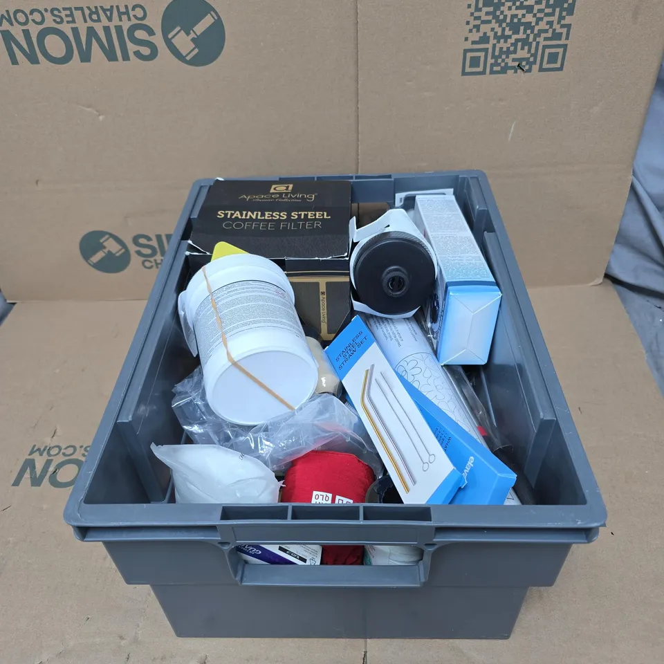 TOTE OF APPROXIMATELY 15 ASSORTED HOUSEHOLD ITEMS TO INCLUDE STRAW SET, WATER BOTTLE, COFFEE FILTER, WALL MENDING AGENT ETC