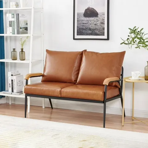 BOXED CLIPOP 2 PERSON MID CENTURY MODERN ACCENT CHAIR, FAUX LEATHER LOVESEAT SOFA WITH REMOVABLE BACKREST AND CUSHION,FOR LIVING ROOM - LIGHT BROWN