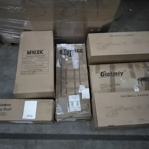 PALLET OF ASSORTED ITEMS INCLUDING STOREMIC FLOATING SHELF, DRYWALL SANDER, GIELMIY TRAMPOLINE WITH HANDLEBARS, MYLEK MOBILE AIR COOLER, STORAGE SHELF