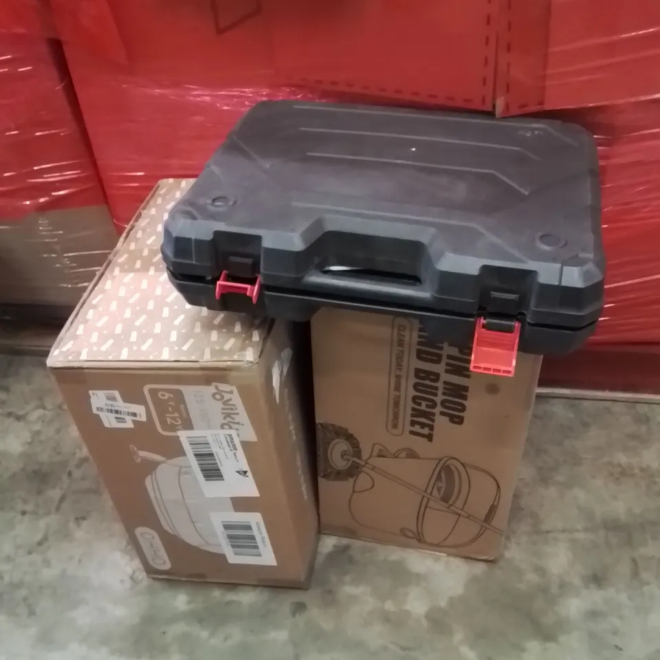 PALLET OF ASSORTED HOUSEHOLD GOODS AND PRODUCTS TO INCLUDE;CHAINSAW,MOP BUCKET,CAR SEAT