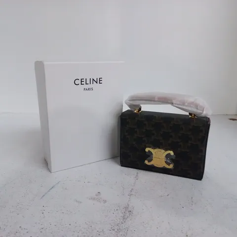 CELINE PARIS HANDBAG – BLACK MONOGRAM PATTERN WITH GOLD CLASP (BOXED)