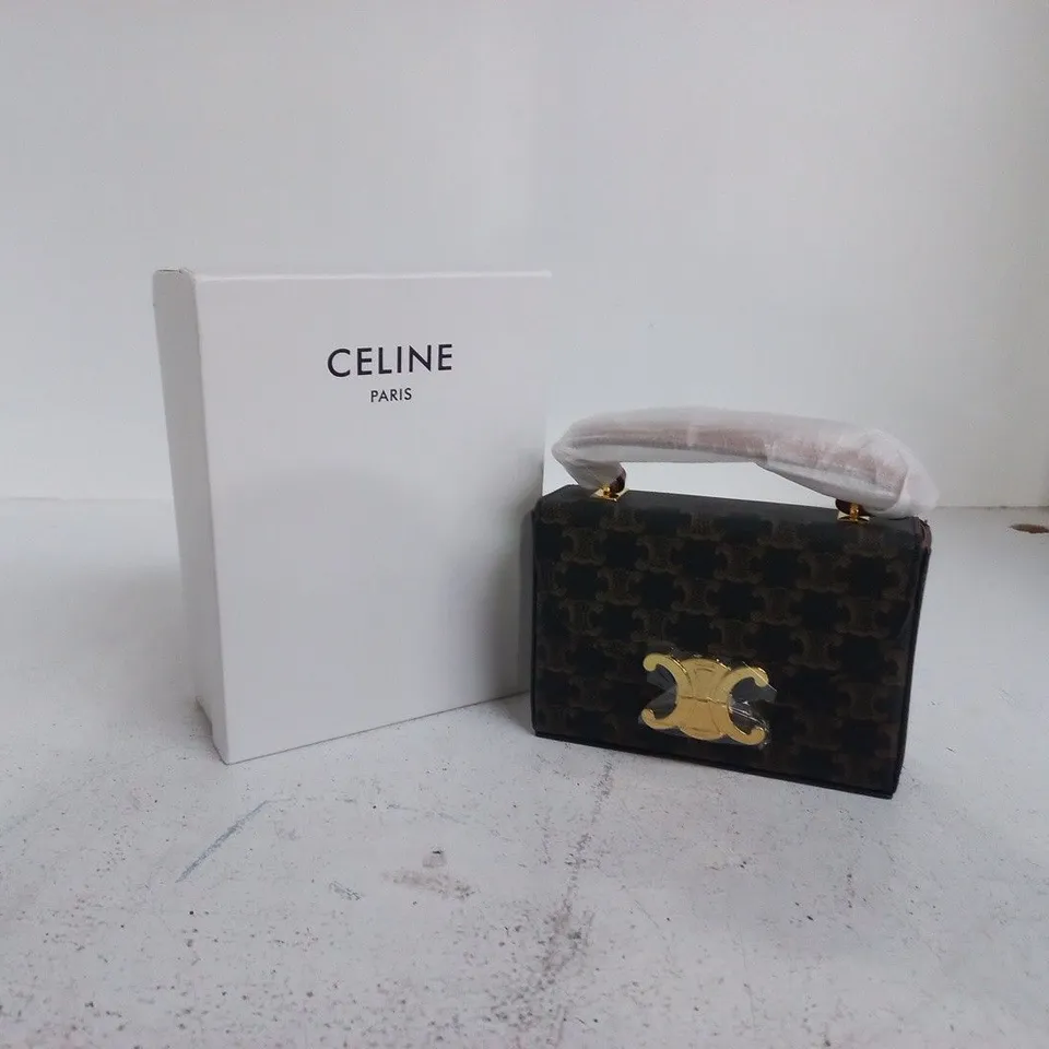 CELINE PARIS HANDBAG – BLACK MONOGRAM PATTERN WITH GOLD CLASP (BOXED)