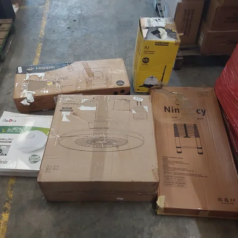 PALLET OF ASSORTED ITEMS INCLUDING: KÄRCHER STEAM CLEANER, TELESCOPIC LADDER, FAN LIGHT, TRAMPOLINE ECT