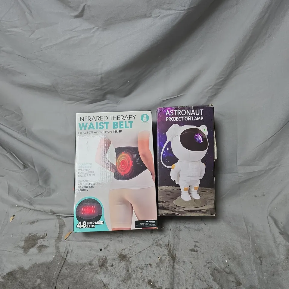 CAGE OF APPROXIMATELY 12 ASSORTED HOUSEHOLD ITEMS TO INCLUDE ASTRONAUT PROJECTION LAMP, INFRARED THERAPY WAIST BELT ETC