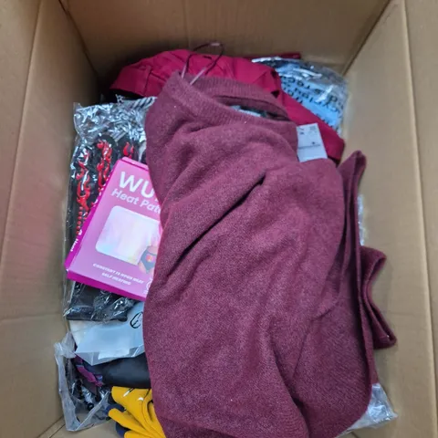 LARGE BOX OF ASSORTED CLOTHING ITEMS IN VARIOUS SIZES, STYLES AND COLOUR 