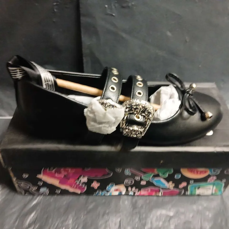 BOXED PAIR OF KOI BLACK LEATHER WOMEN'S BUCKLE-STRAP HEELS WITH METAL STUDS – UK SIZE 3