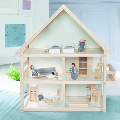 BOXED ROBA 3-FLOOR DOLL HOUSE DOLL VILLA INCLUDING FURNITURE AND DOLLS NATURAL WOOD LIGHT BLUE 74H X 30W X 70CMD