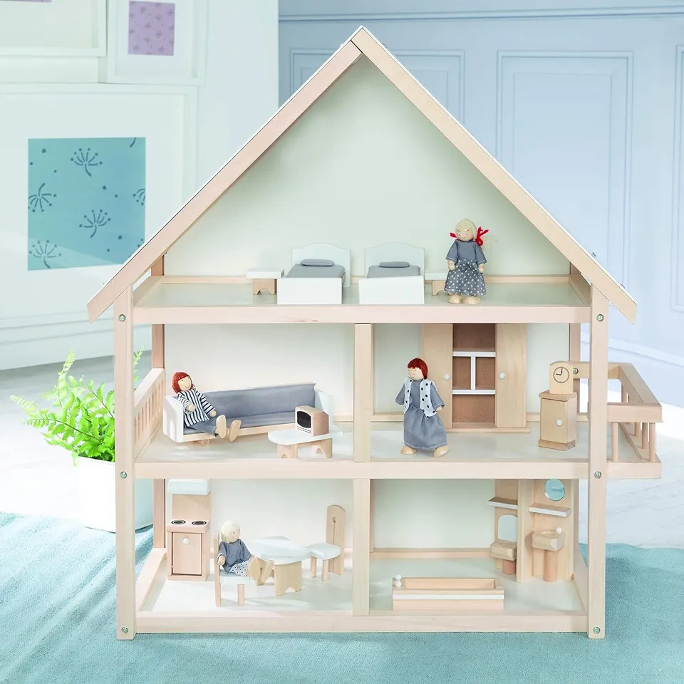 BOXED ROBA 3-FLOOR DOLL HOUSE DOLL VILLA INCLUDING FURNITURE AND DOLLS NATURAL WOOD LIGHT BLUE  74H X 30W X 70CMD