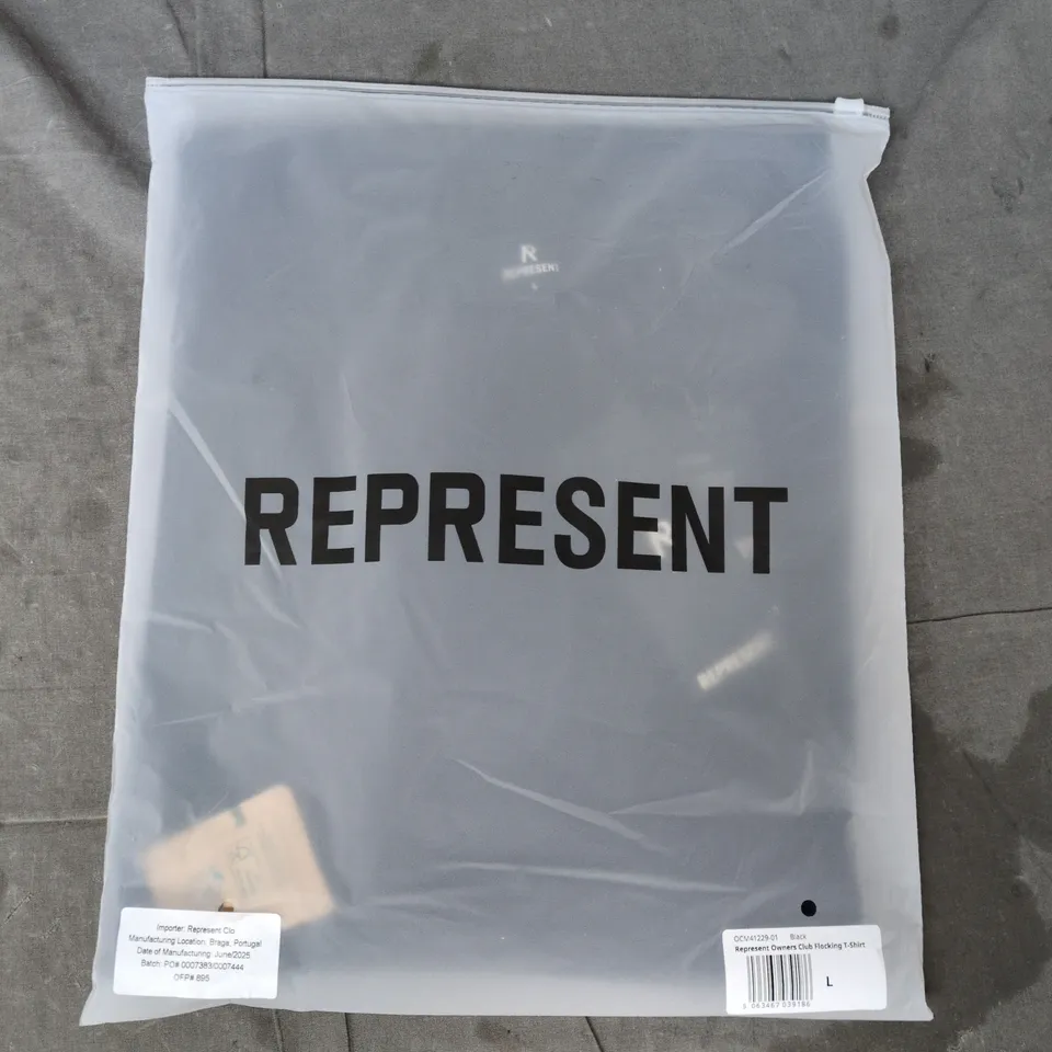BAGGED REPRESENT OWNER'S CLUB FLOCKING T-SHIRT IN BLACK SIZE LARGE