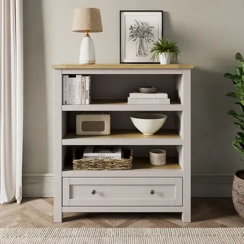 BOXED OLNEY LOW BOOKCASE, STONE (1 BOX)